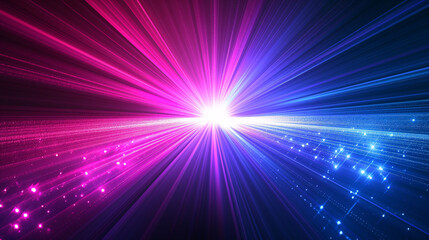  An energetic display of vibrant pink and purple light rays bursting outward from a central point.