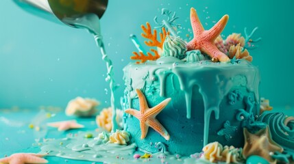 A turquoise birthday cake with ocean-themed decorations, set against a vibrant turquoise background being poured to evoke a tropical and beachy feel.
