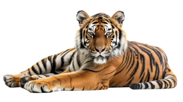 A majestic tiger lies in wait, its intense gaze fixed on the viewer