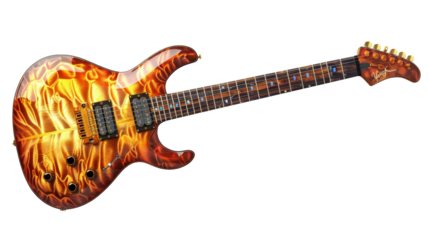 A close-up of an electric guitar with a flame design on its body