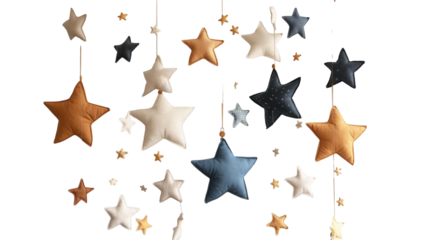 A mobile with colorful fabric stars hanging from a white background