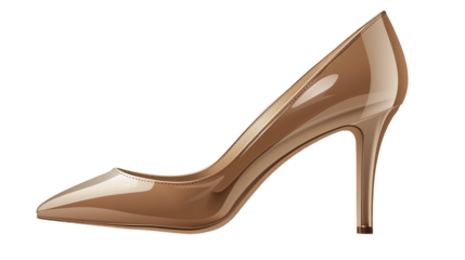 Side view of a tan high-heeled pump shoe