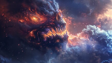 Terrifying space martian with oversized eyes and sharp teeth, surrounded by a dark, foreboding nebula