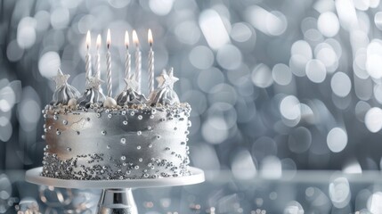 A silver birthday cake with metallic accents and simple decorations, set against a shimmering silver background being poured to create a sleek and modern vibe.