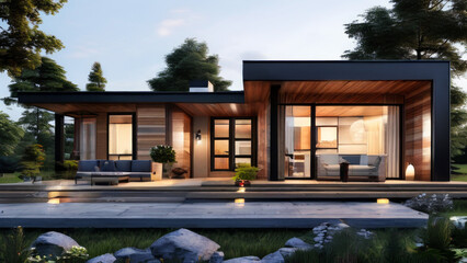Fototapeta premium contemporary one-story twilight house. Landscaping includes a manicured lawn and path lighting. theme to showcase real estate, architectural design or landscaping ideas.