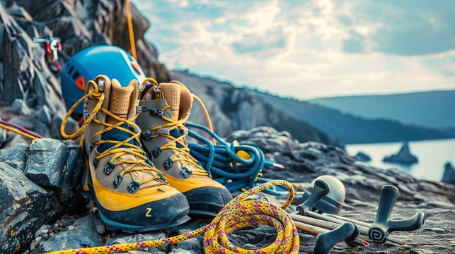 climbing equipment on the rock. climbing rope, climbing shoes, chalk bag, helmet and quick-draws
