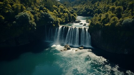 Fototapeta premium Breathtaking Aerial View of a Serene Waterfront Landscape with Vibrant Blue Waters and Lush Greenery, Captured on a Clear Sunny Day