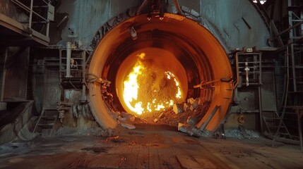 A large, fiery pit of molten metal is being poured into a mold