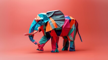 Papercraft elephant model, bright patterned paper, isolated background, studio lighting, detailed origami folds, high contrast