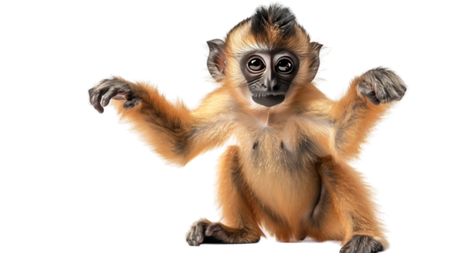 A small golden langur monkey sits with arms outstretched against a white background