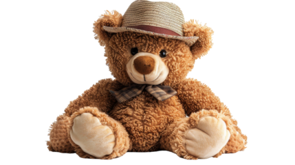 A brown teddy bear wearing a straw hat and bowtie sits on a white background