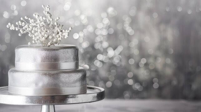 A silver birthday cake with metallic accents and simple decorations, set against a shimmering silver background being poured to create a sleek and modern vibe.
