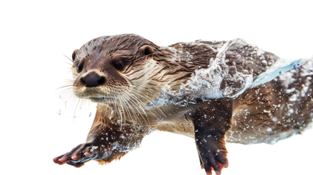 A river otter swims through clear water with its head above the surface