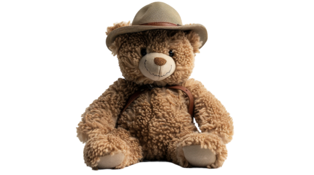 A brown teddy bear with a green hat sits on a white background