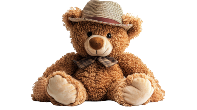 A brown teddy bear wearing a straw hat and bowtie sits on a white background