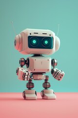 Robot development concept. Cute cartoon robot on a blue background. Future technologies. Home assistant. Smart House. Business technology