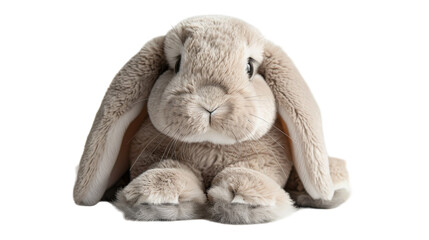 A close-up photo of a plush gray bunny sitting on a white background