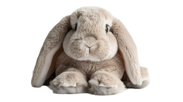 A close-up photo of a plush gray bunny sitting on a white background