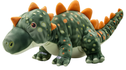 Green and orange spotted plush dinosaur toy with a long tail and a short snout