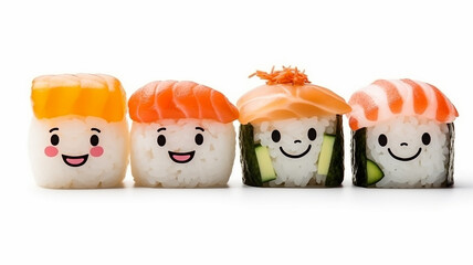 Obraz premium Mouth-watering funny rolls with salmon, rice, avocado, seafood for children, funny the smile on the character's face