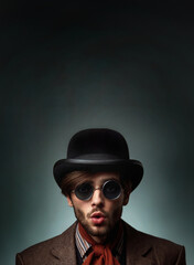 portrait of a dandy man character wearing a bowler hat and sunglasses, with funny expression, photorealistic illustration of modern influencer