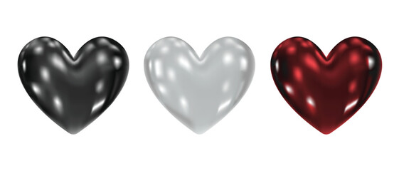 Collection of liquid 3d hearts isolated on white background. Love symbol icon set. Gradient heart shape vector illustration.
