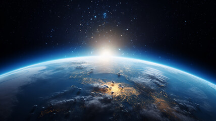 Fototapeta premium Panoramic view of the planet from space, sunrise against a black starry sky