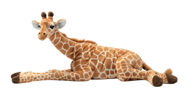 A plush giraffe toy lies on a white background