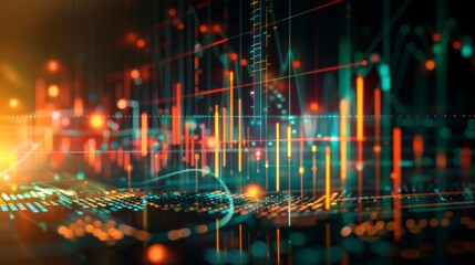 Fototapeta premium Abstract image of dynamic financial data visualization with bright lines and glowing particles.