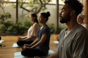 A shot of a mindfulness class in session with serene surroundings and focused participants