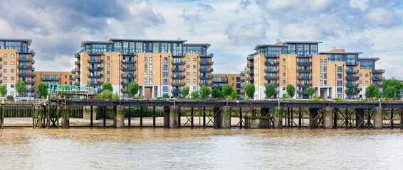 Luxury Apartments along River Thames in Deptford, east London, United Kingdom. Stretton mansions on...