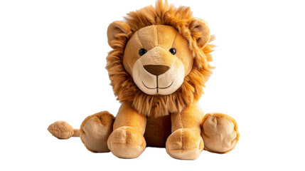 A brown plush lion toy is sitting on a white background