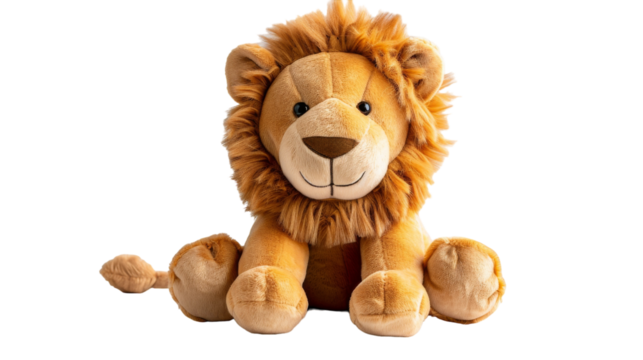 A brown plush lion toy is sitting on a white background