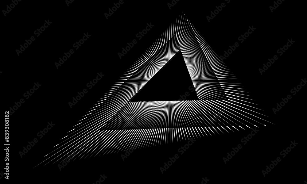 Poster triangle with lines, perspective view. white triangle over black background. can be used as logo, ic