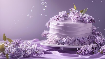 A pastel purple birthday cake with lilac flowers and elegant piping, set against a gentle purple background being poured to create a soothing and romantic ambiance.