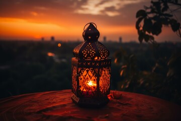 Ornamental lantern with lit candle during a vibrant sunset, city skyline in the background