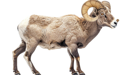 A bighorn sheep with large curled horns stands on a white background