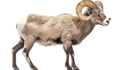 A bighorn sheep with large curled horns stands on a white background