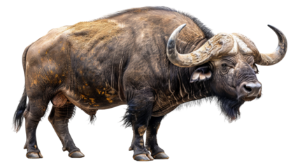 A large African buffalo with large horns stands on a white background