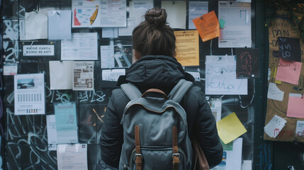 A person with a backpack stands in front of a bulletin board filled with various posters, advertisements and papers.