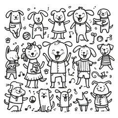 Happy dogs minimalistic kids drawing, ink line art style in black on white.