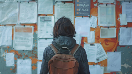 A person with a backpack stands in front of a bulletin board filled with various posters, advertisements and papers.