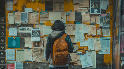 A person with a backpack stands in front of a bulletin board filled with various posters, advertisements and papers.
