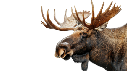 A close-up photo of a bull mooses head and antlers