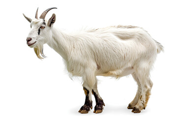 White Domestic Goat with Horns on White Background