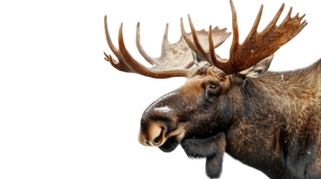 A close-up photo of a bull mooses head and antlers