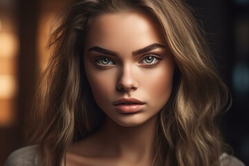 Fototapeta premium Close-up of a beautiful young woman with striking eyes and wavy hair in warm light