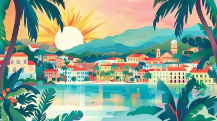 Obraz premium Sunset Over Tropical Town