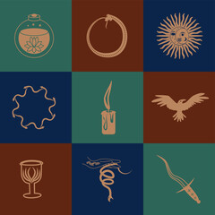 Set of magic symbols, celestial seamless pattern. Astrological, magical and esoteric symbols.