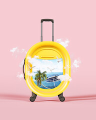 Summer travel concept design. Yellow luggage in shape of airplane window and beautiful sea view on pink background. 3D Rendering, 3D illustration